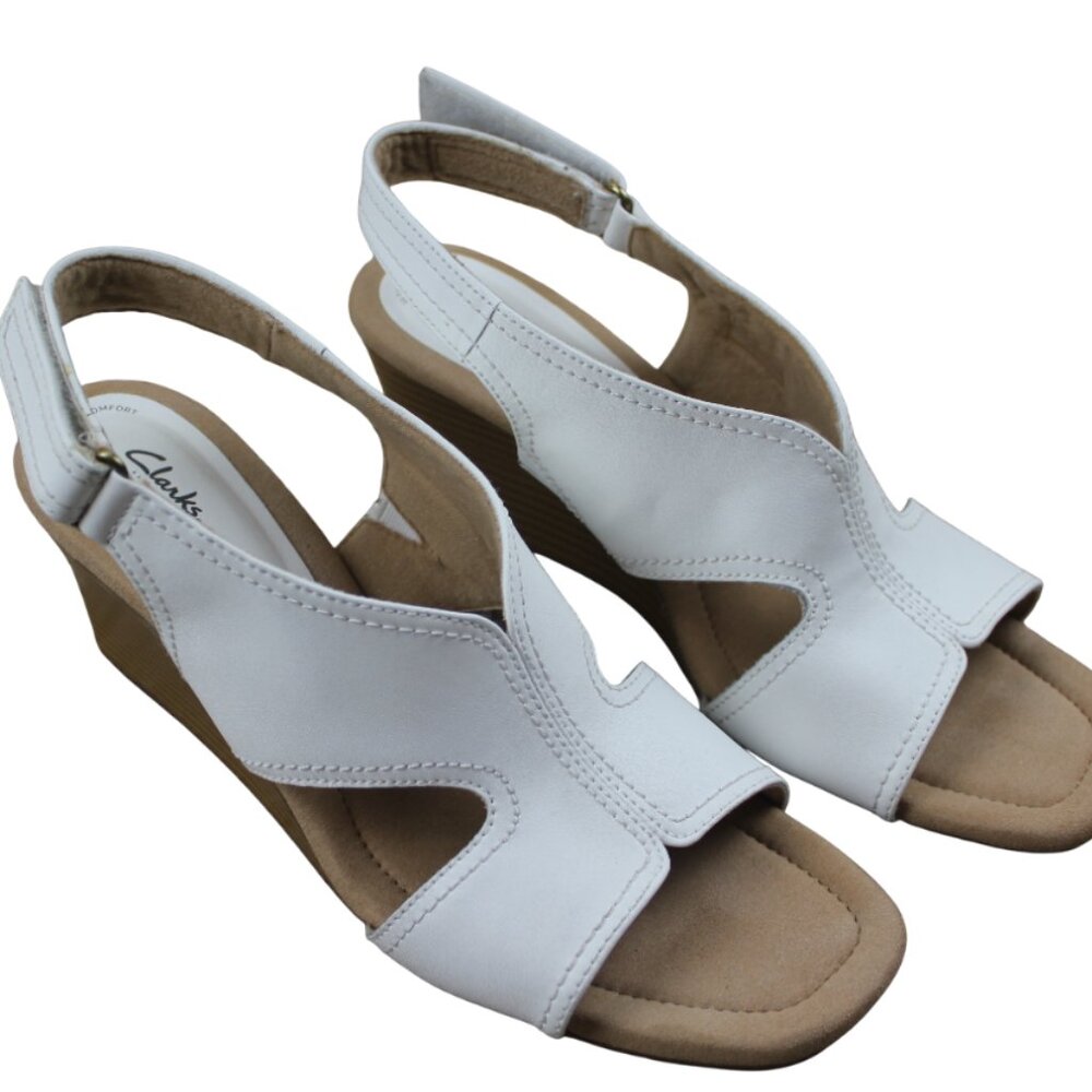 Clarks Collection Kyarra White Sandals Wedge Leather Comfort Shoe Size 11 M US